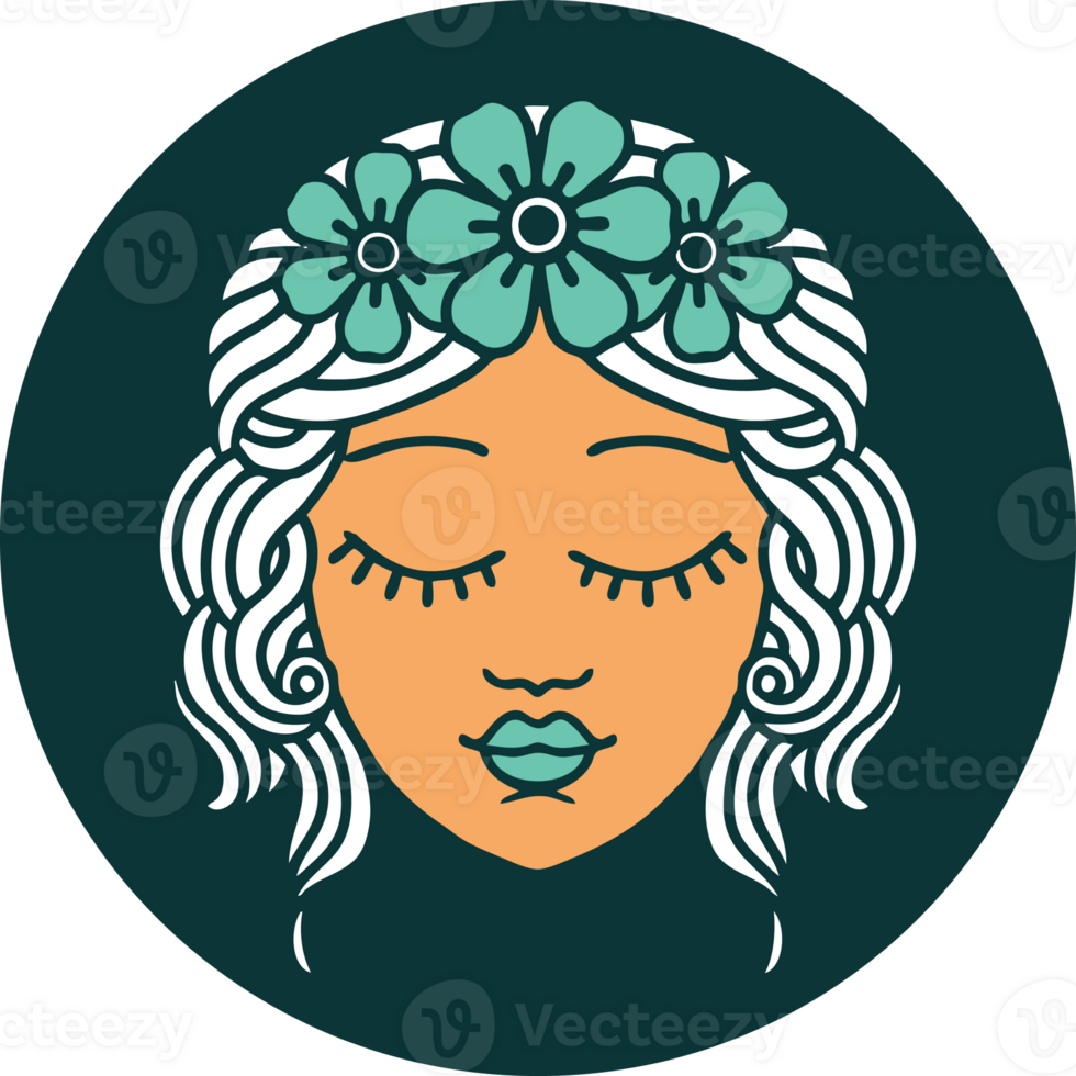 iconic tattoo style image of a maidens face png