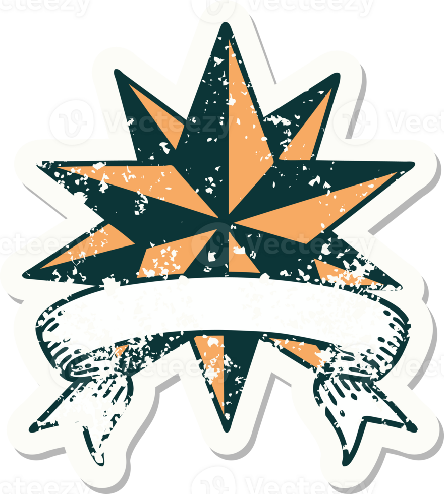 worn old sticker with banner of a star png