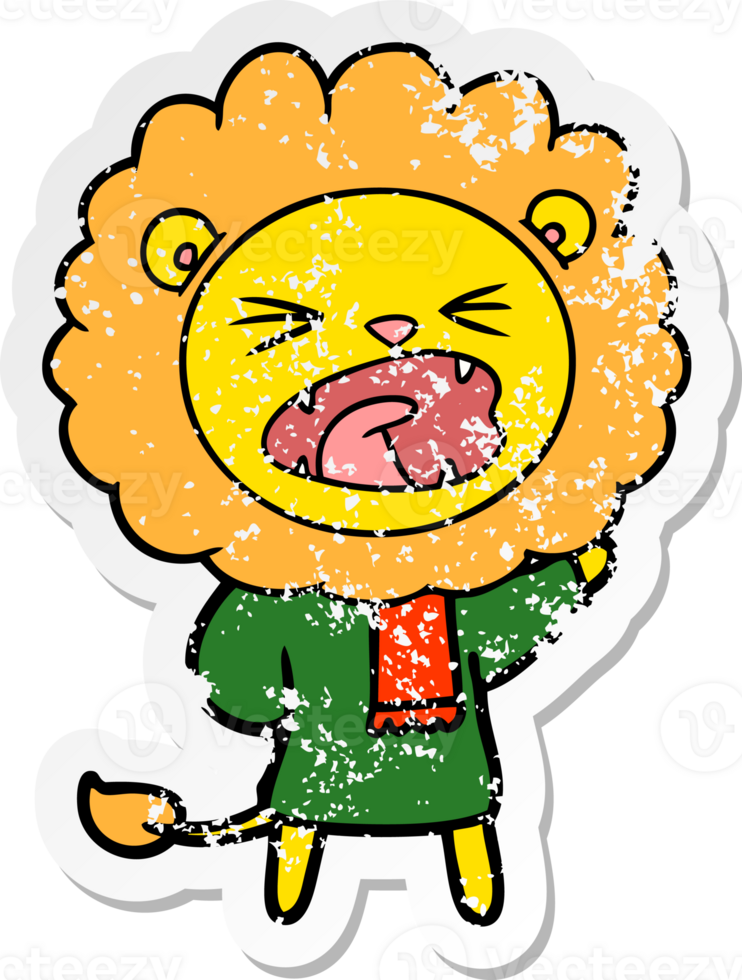distressed sticker of a cartoon lion in winter clothes png