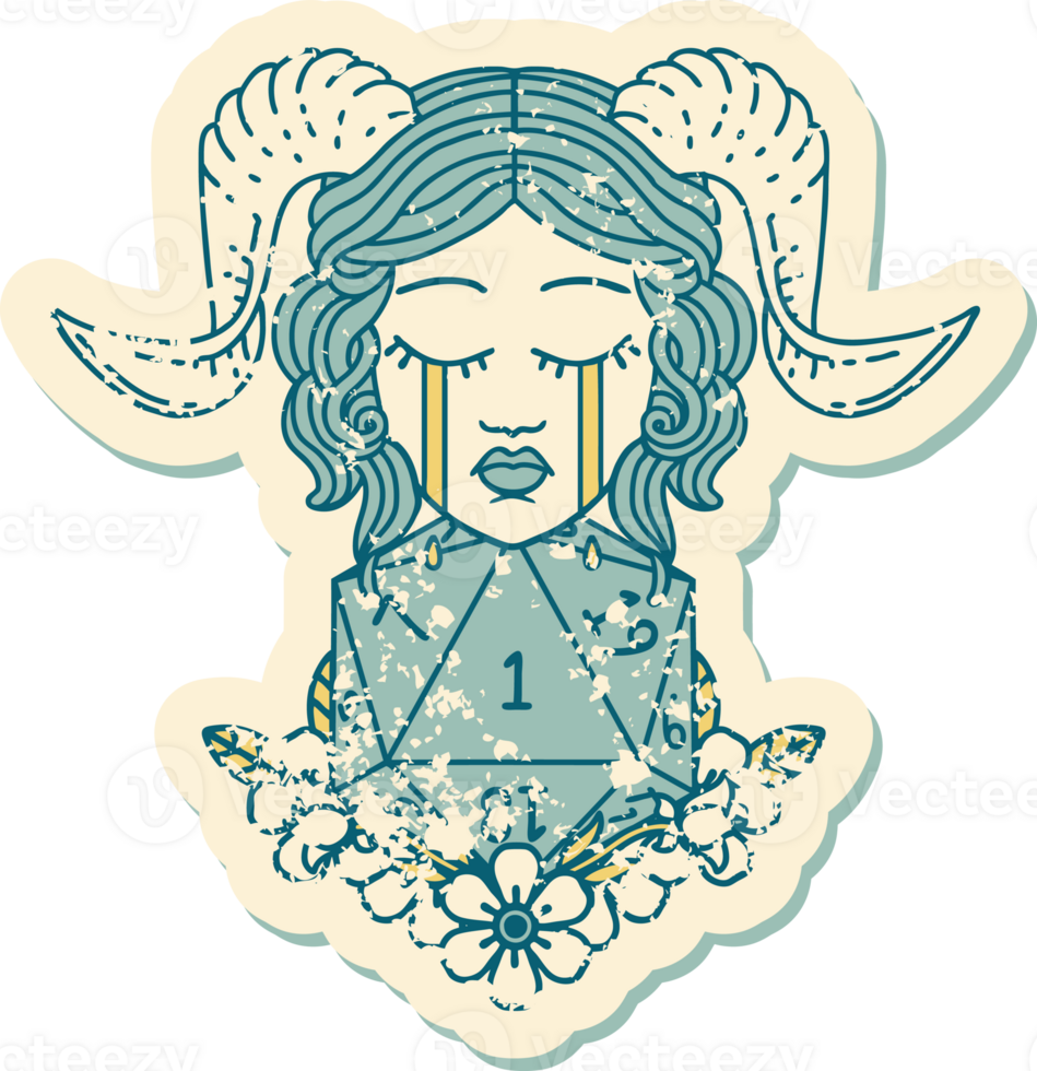 grunge sticker of a crying tiefling with natural one D20 dice roll png