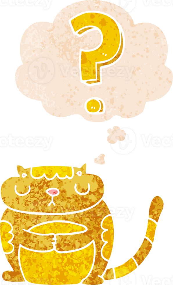cartoon cat with question mark with thought bubble in grunge distressed retro textured style png