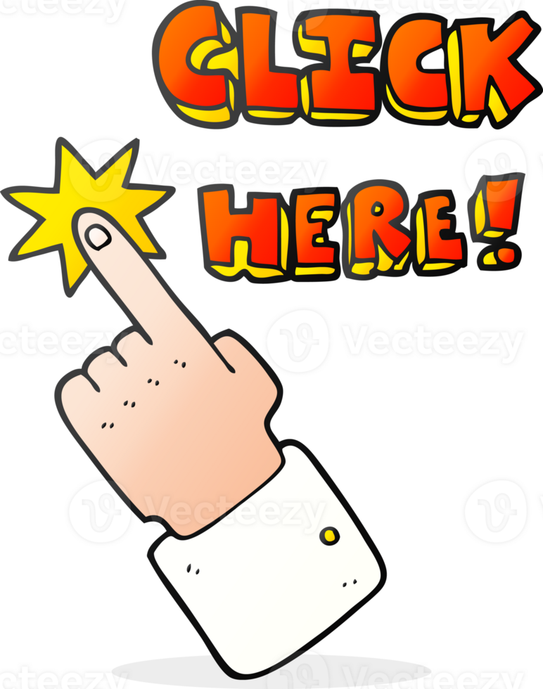 hand drawn cartoon click here sign with finger png