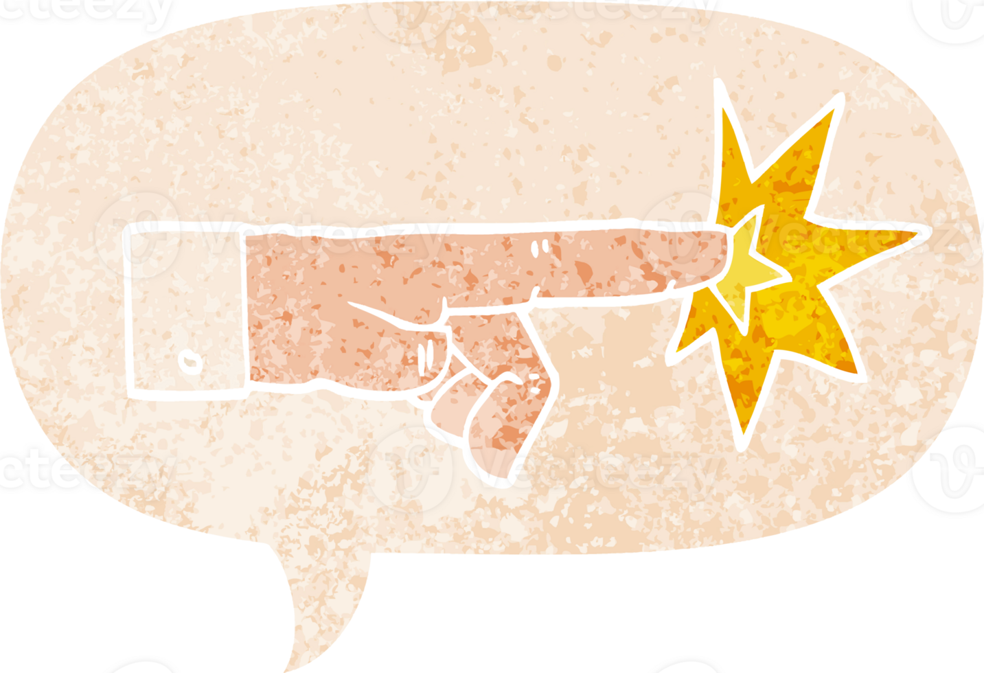 cartoon pointing hand with speech bubble in grunge distressed retro textured style png