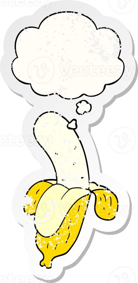 cartoon banana with thought bubble as a distressed worn sticker png