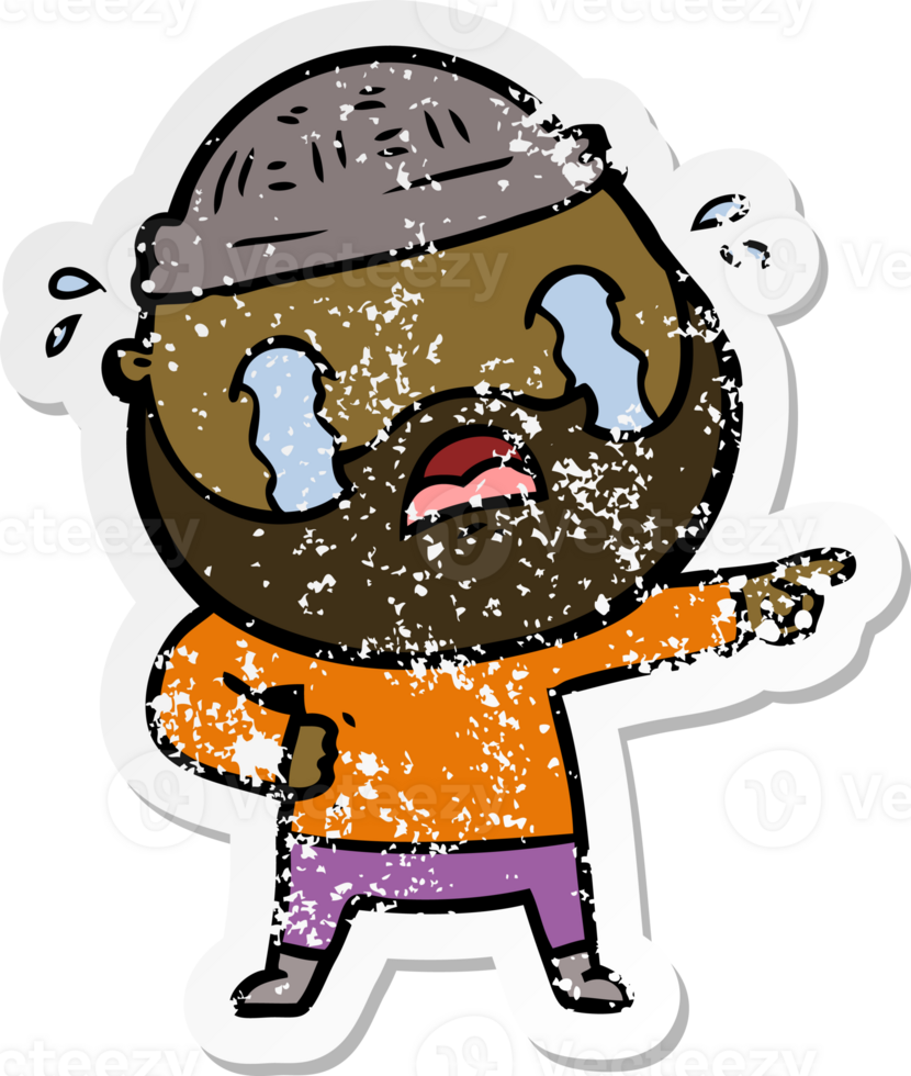 distressed sticker of a cartoon bearded man crying png