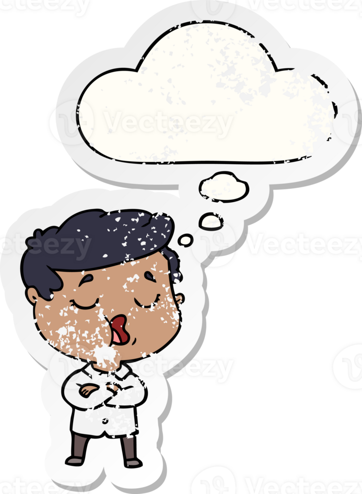 cartoon man talking with thought bubble as a distressed worn sticker png