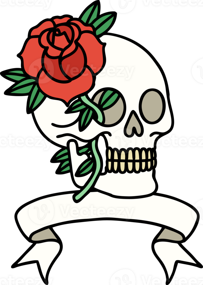 traditional tattoo with banner of a skull and rose png