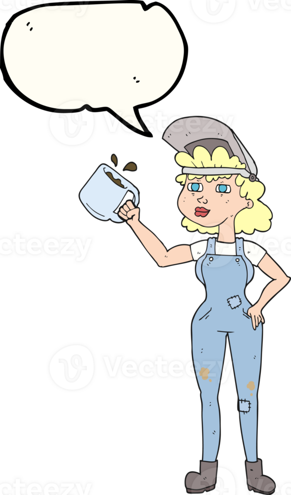 hand drawn speech bubble cartoon woman in dungarees png