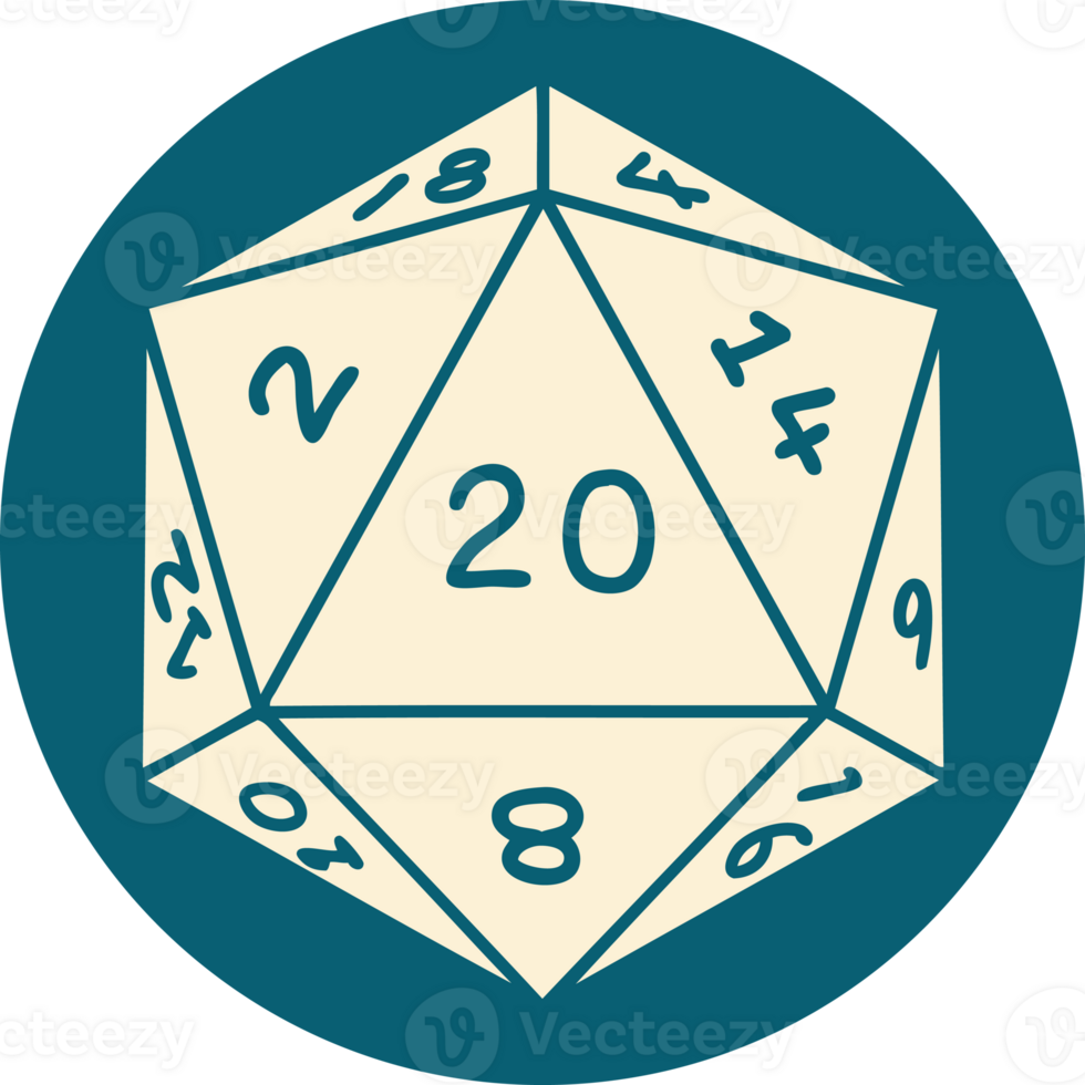 Retro Tattoo Style natural 20 D20 dice roll png