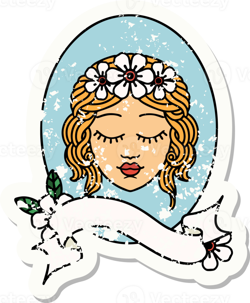 worn old sticker with banner of a maiden with eyes closed png