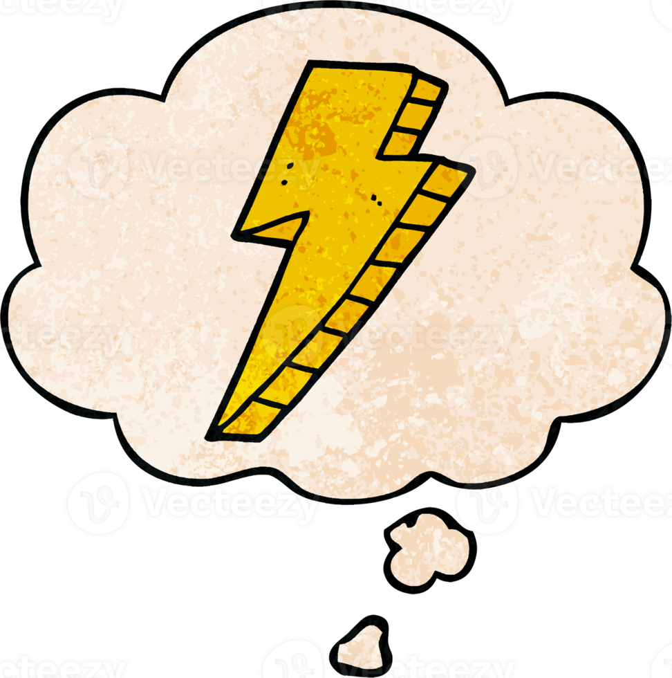 cartoon lightning bolt with thought bubble in grunge texture style png
