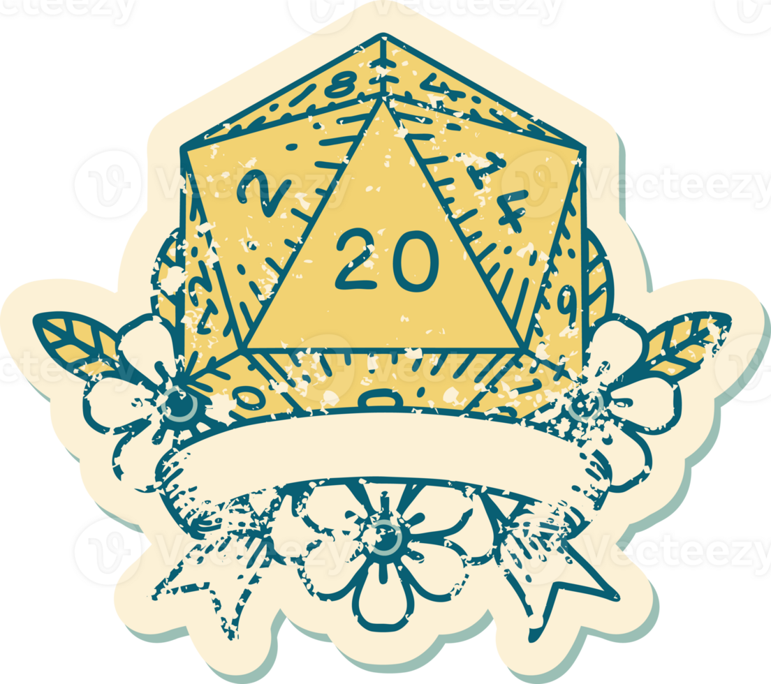 Retro Tattoo Style natural 20 critical hit D20 dice roll png