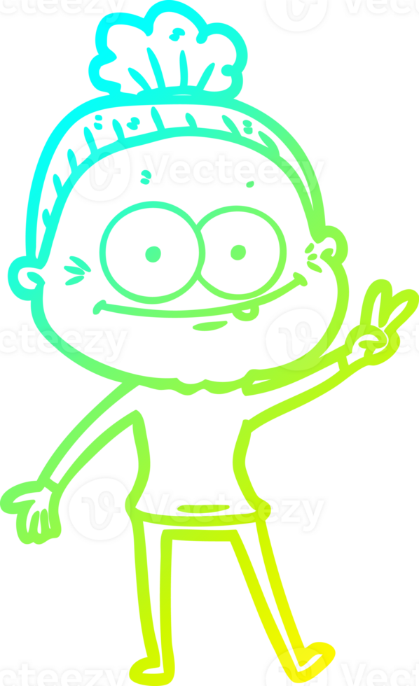 cold gradient line drawing of a cartoon happy old woman png