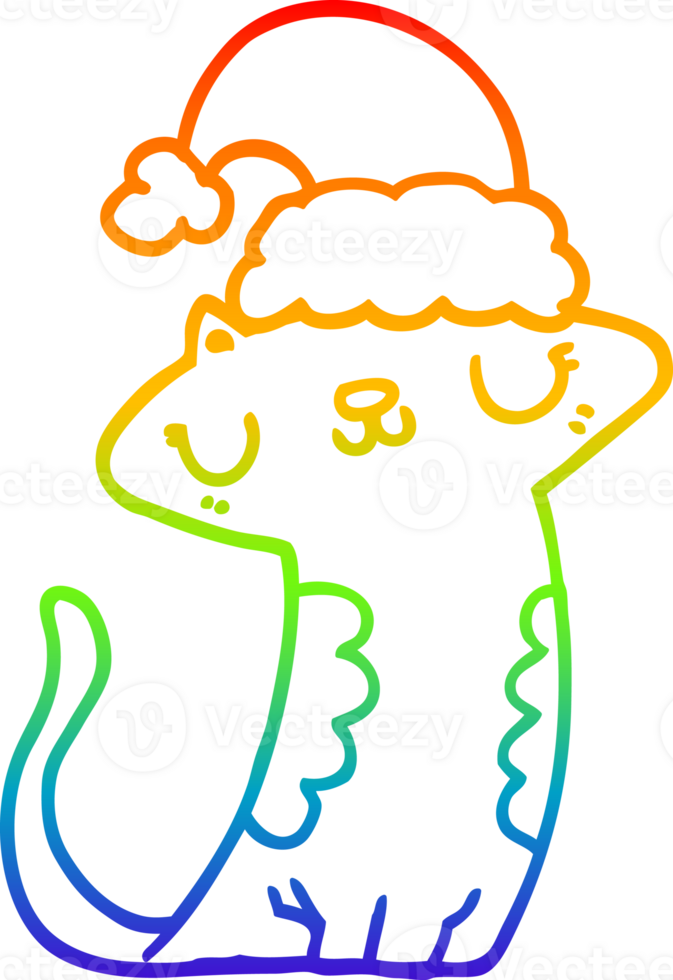 rainbow gradient line drawing of a cute cartoon cat wearing christmas hat png