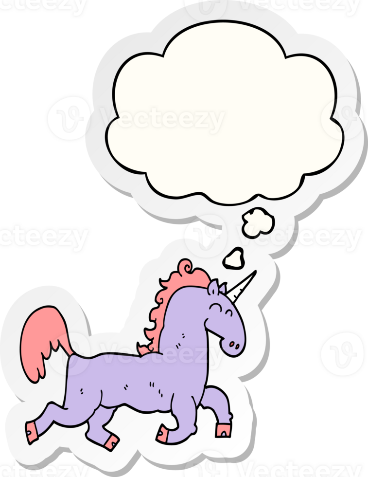 cartoon unicorn with thought bubble as a printed sticker png