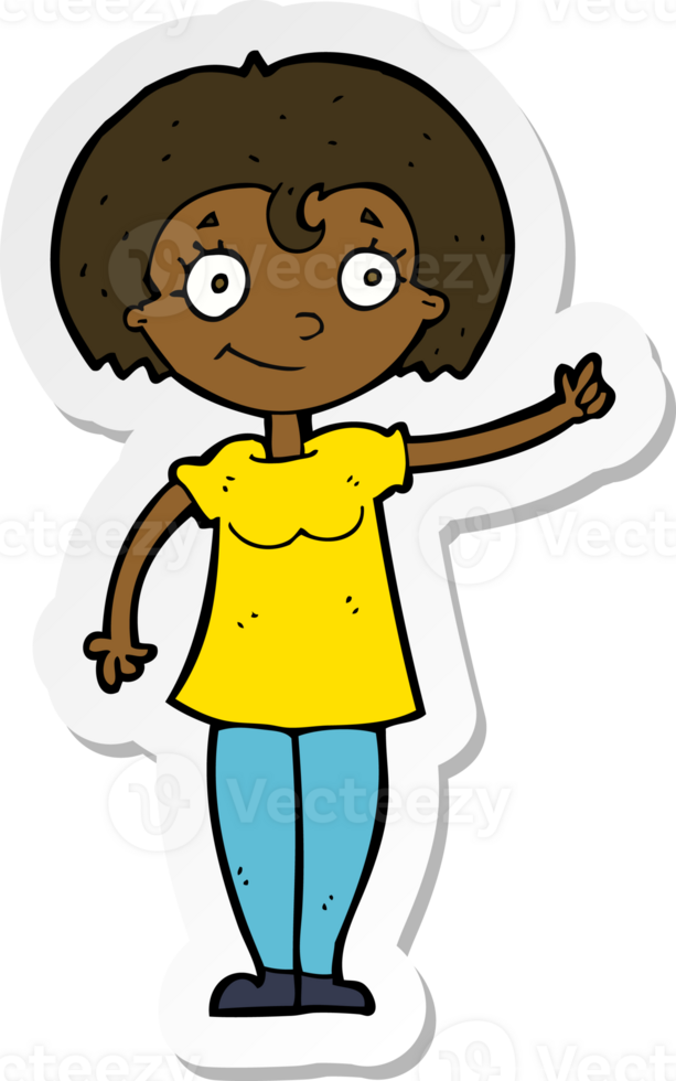 sticker of a cartoon happy woman pointing png