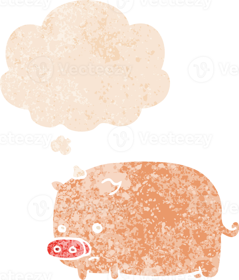 cute cartoon pig with thought bubble in grunge distressed retro textured style png