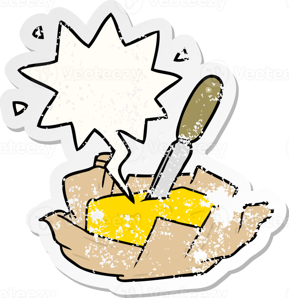 cartoon traditional pat of butter with knife with speech bubble distressed distressed old sticker png