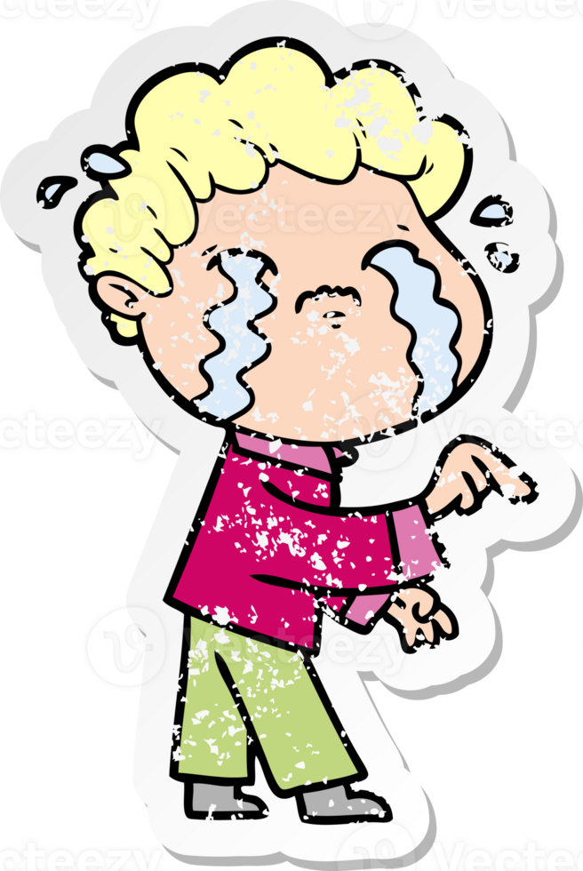 distressed sticker of a cartoon man crying png