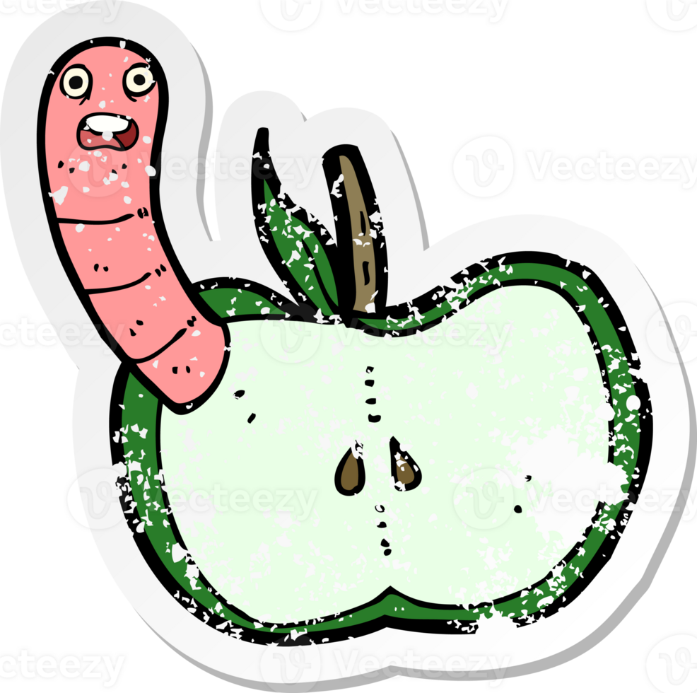 retro distressed sticker of a cartoon apple with worm png