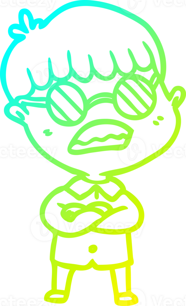 cold gradient line drawing of a cartoon boy with crossed arms wearing spectacles png