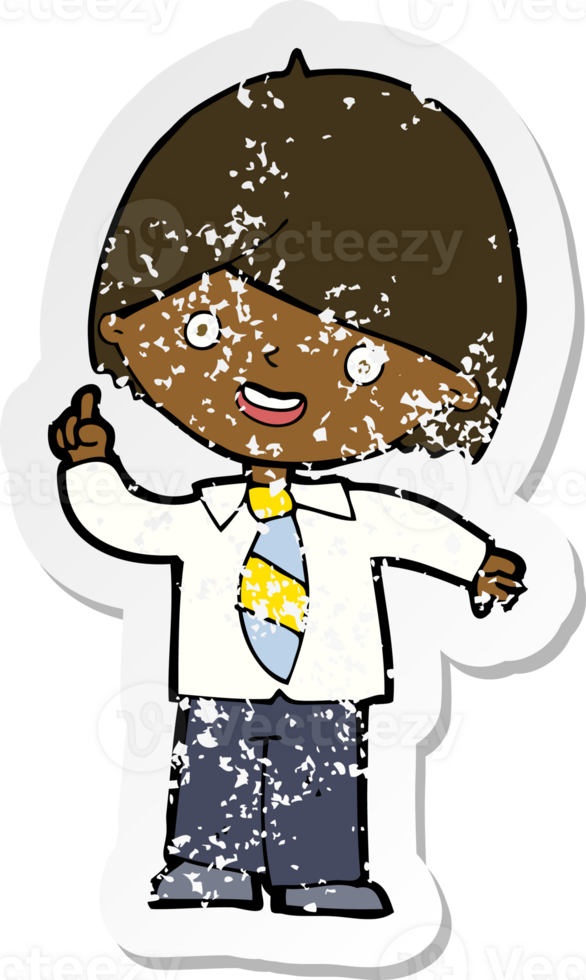 retro distressed sticker of a cartoon school boy answering question png
