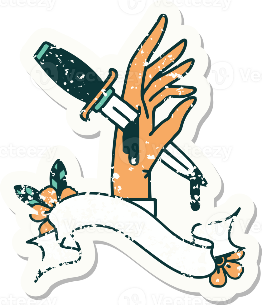 worn old sticker with banner of a dagger in the hand png