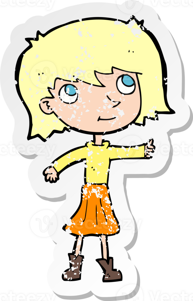 retro distressed sticker of a cartoon happy girl png
