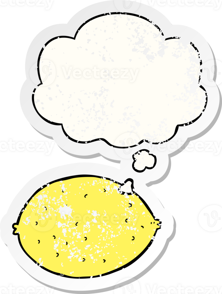 cartoon lemon with thought bubble as a distressed worn sticker png