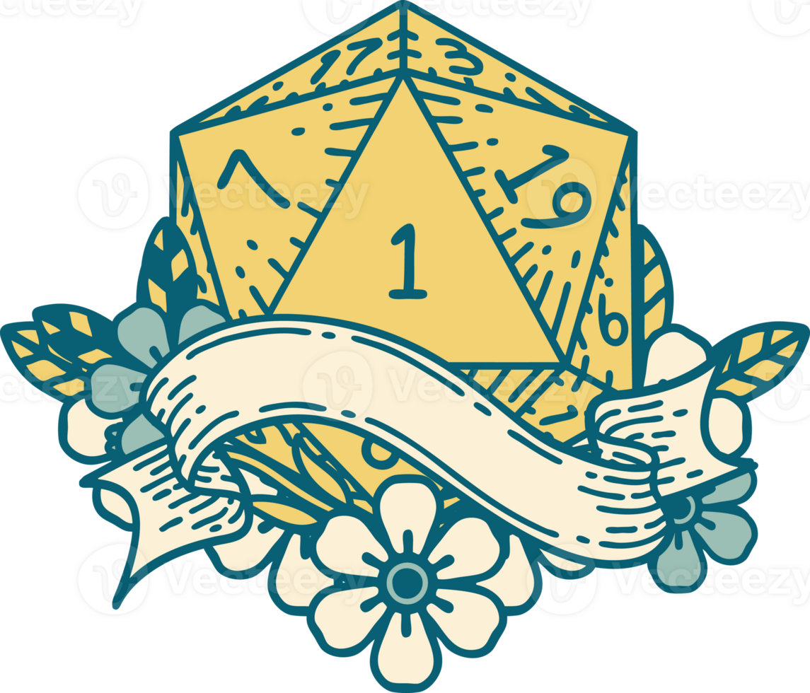 Retro Tattoo Style natural one d20 dice roll png
