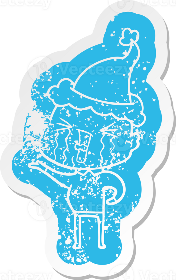 quirky cartoon distressed sticker of a crying bald man wearing santa hat png