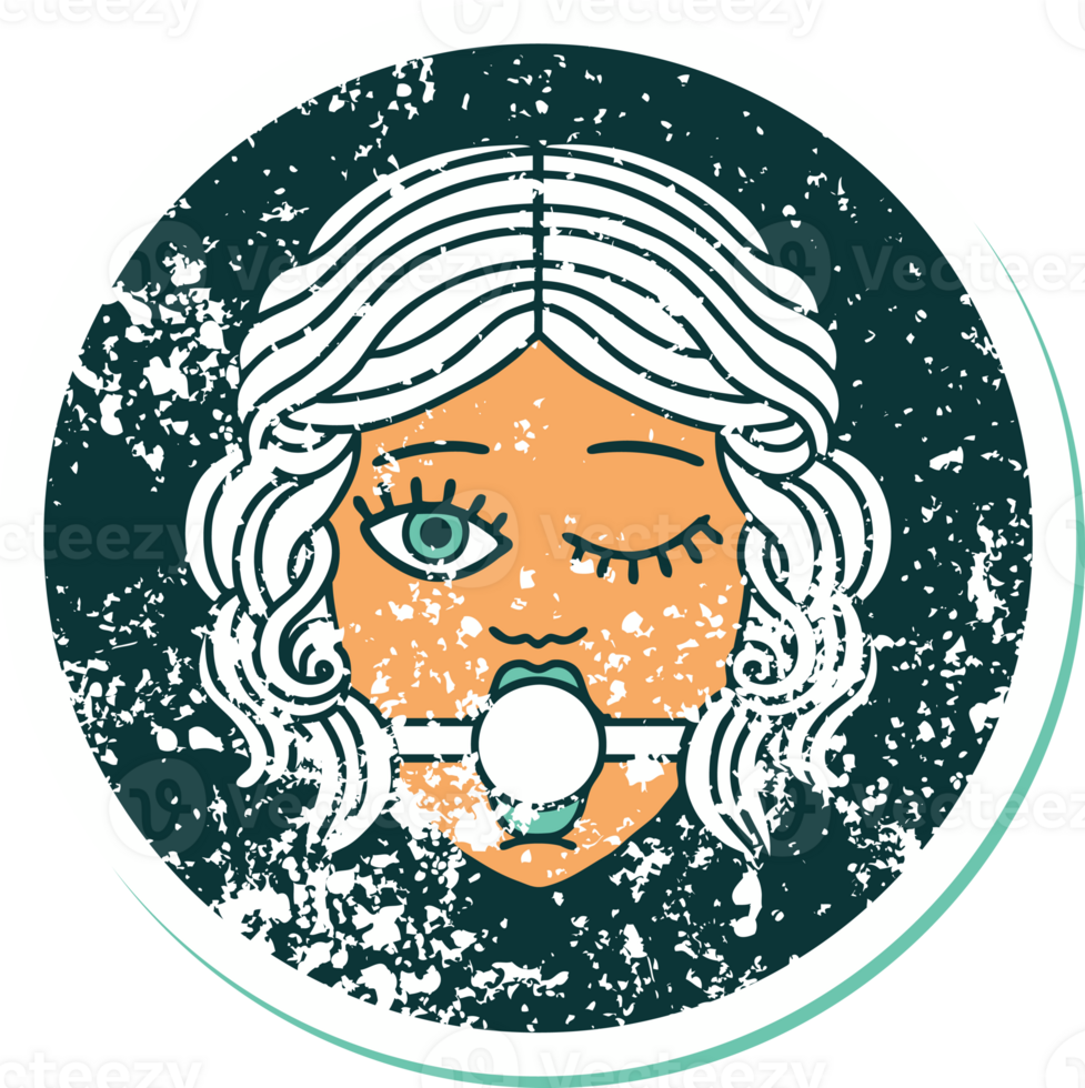 iconic distressed sticker tattoo style image of a winking female face wearing ball gag png