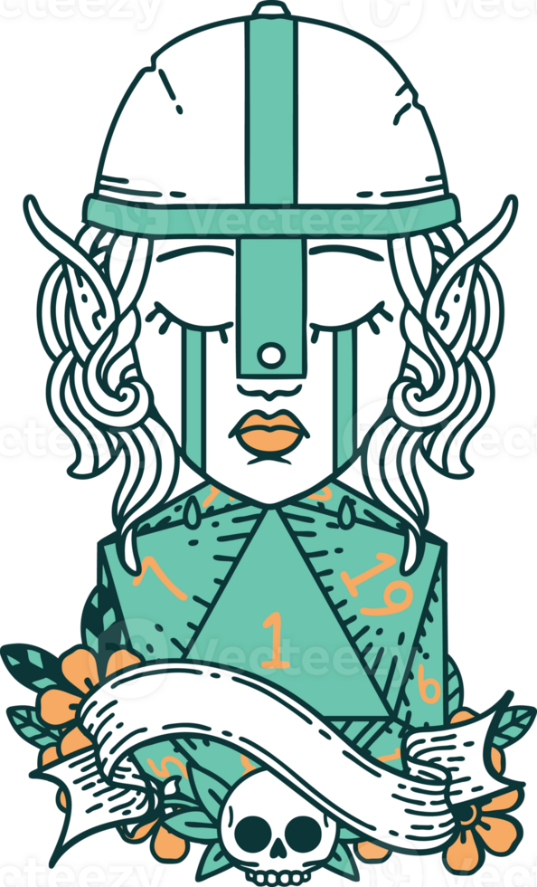 Retro Tattoo Style crying elf fighter character face with natural one D20 roll png