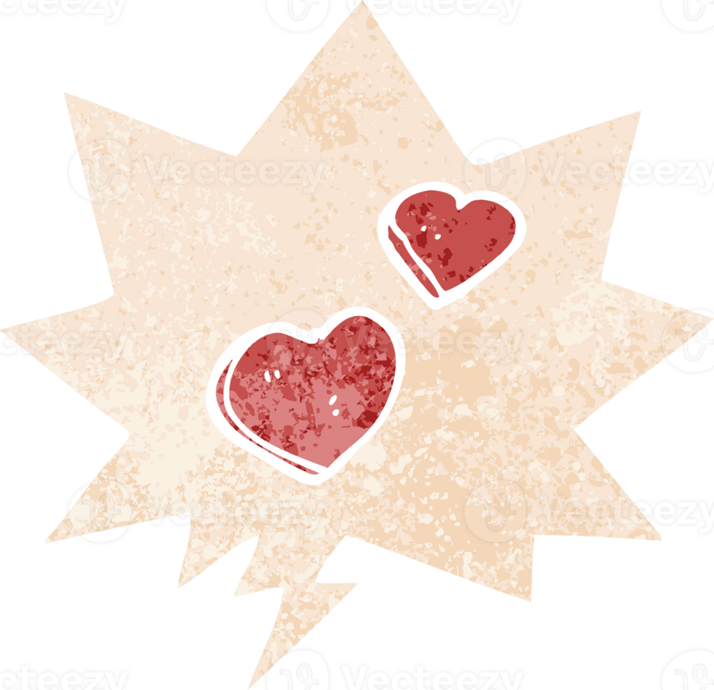 cartoon love hearts with speech bubble in grunge distressed retro textured style png