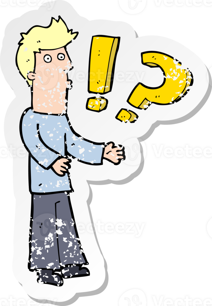 retro distressed sticker of a cartoon man asking question png