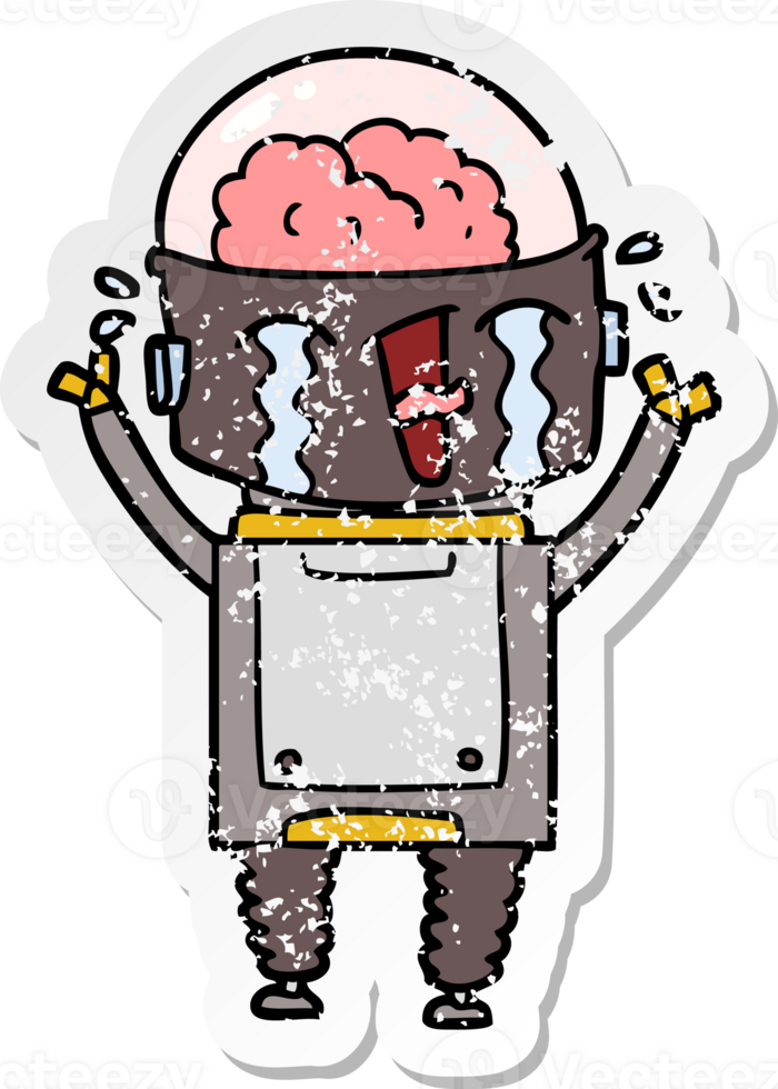 distressed sticker of a cartoon crying robot png