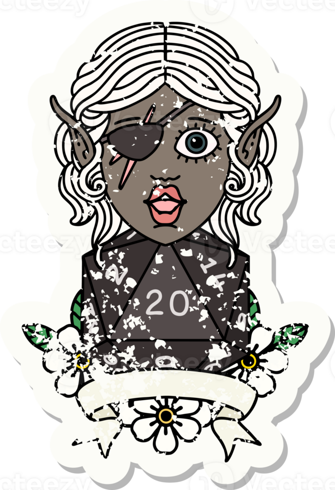 Retro Tattoo Style elf rogue character with natural twenty dice roll png