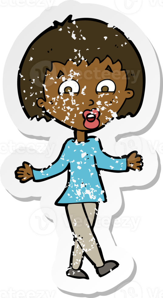 retro distressed sticker of a cartoon woman shrugging shoulders png