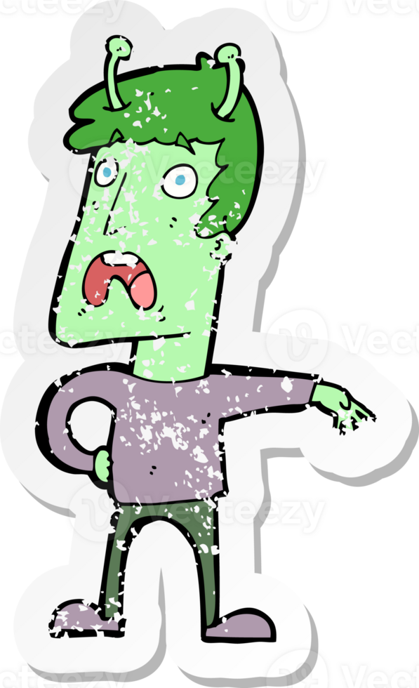 retro distressed sticker of a cartoon unhappy alien png