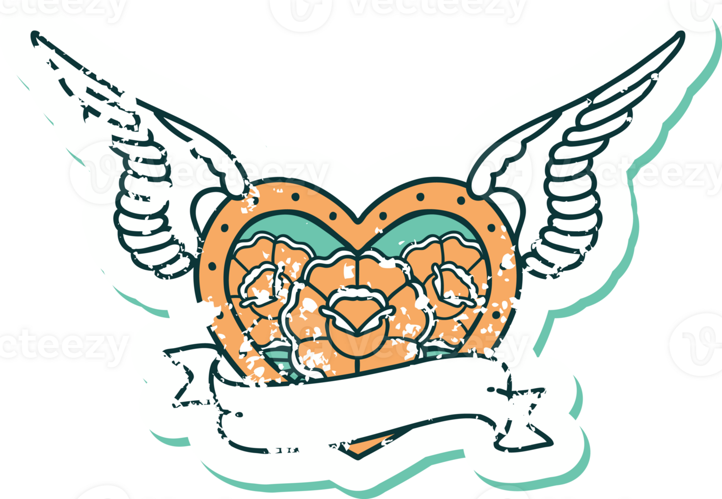 iconic distressed sticker tattoo style image of a flying heart with flowers and banner png
