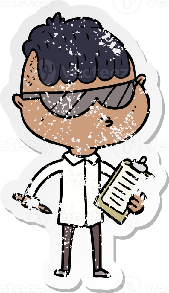 distressed sticker of a cartoon boy wearing sunglasses png