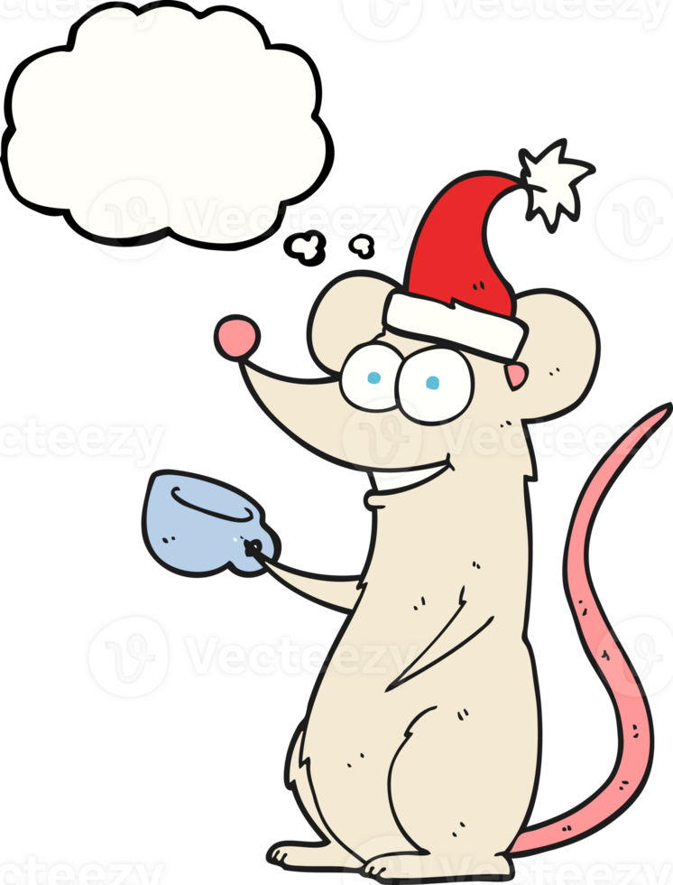 hand drawn thought bubble cartoon mouse wearing christmas hat png