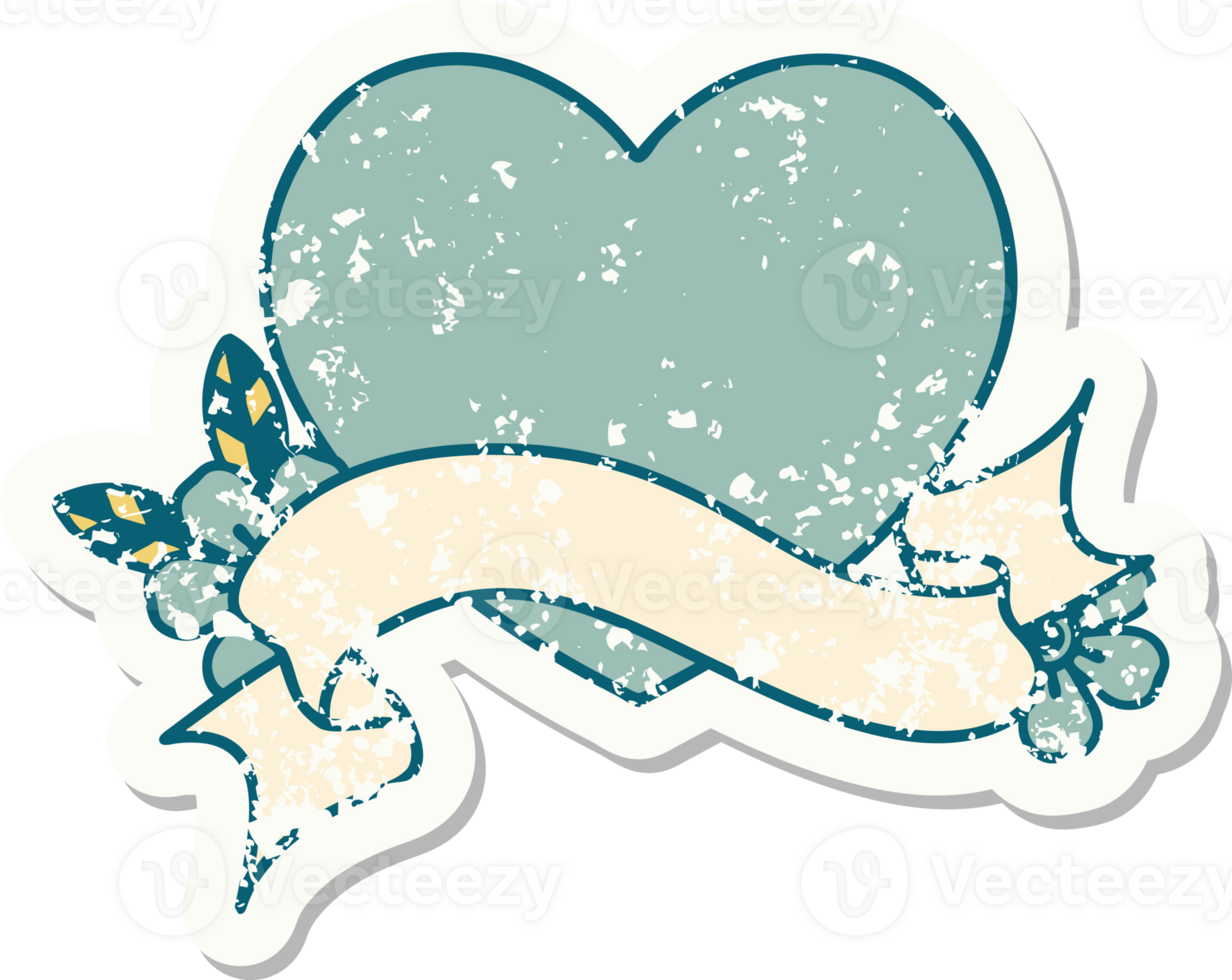 worn old sticker with banner of a heart png