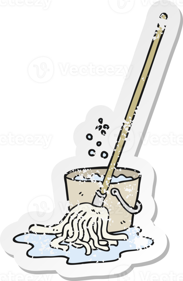 retro distressed sticker of a cartoon mop and bucket png