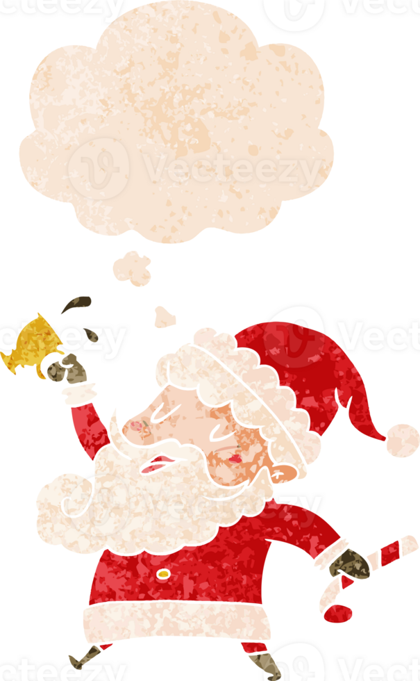 cartoon santa claus with hot cocoa with thought bubble in grunge distressed retro textured style png