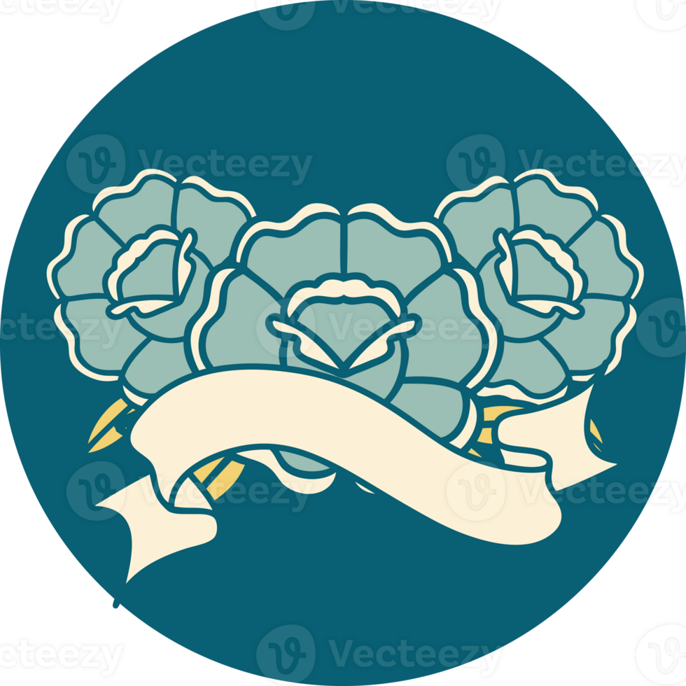 tattoo style icon with banner of a bouquet of flowers png