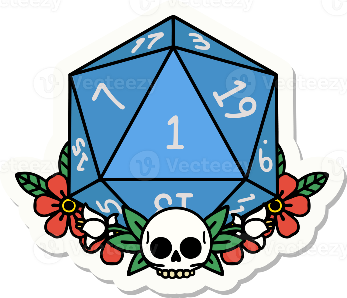 sticker of a natural one dice roll with floral elements png