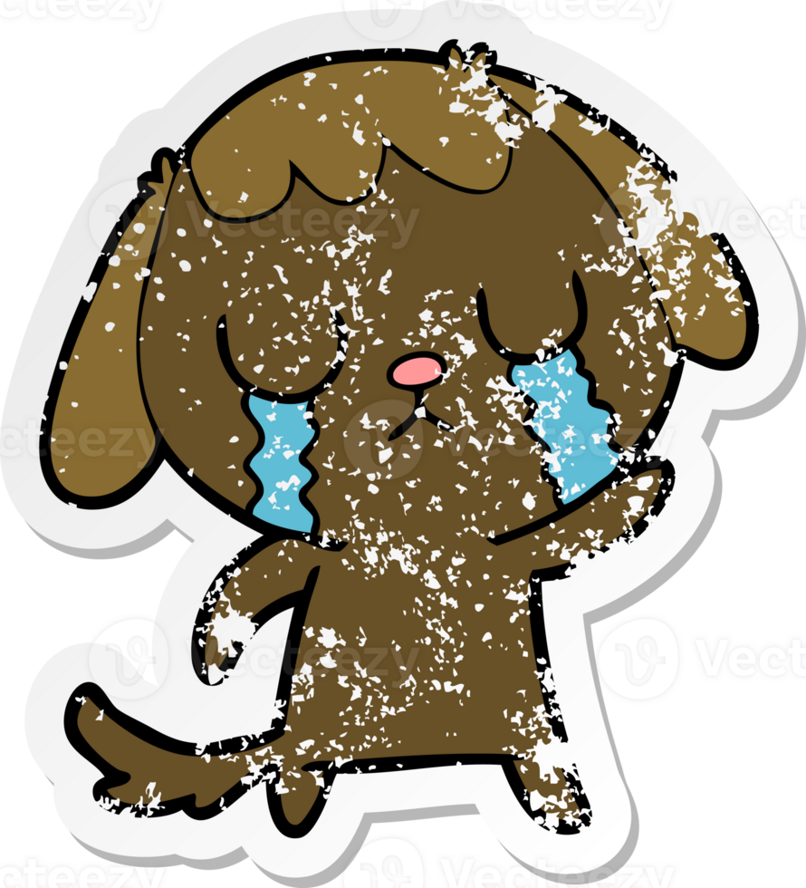 distressed sticker of a cute cartoon dog crying png
