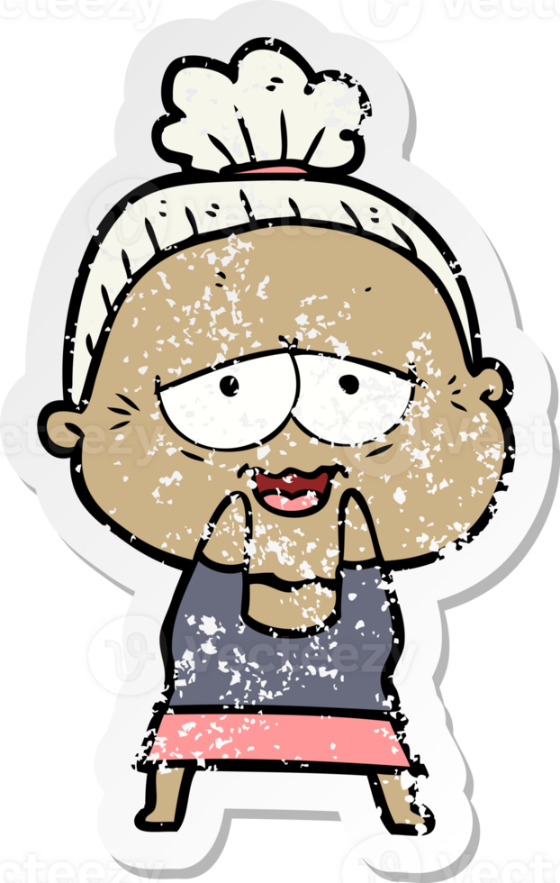 distressed sticker of a cartoon happy old lady png