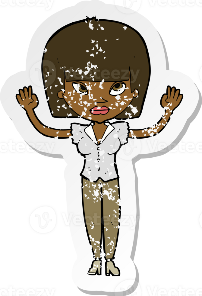retro distressed sticker of a cartoon woman with raised hands png